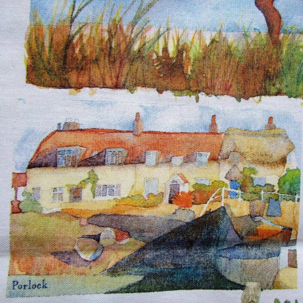 ENGLISH TEA TOWEL, SOMERSET SCENES in WATERCOLOR: BATH, DUNSTER CASTLE, WELLS ++